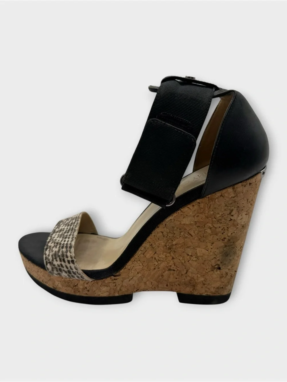 Jimmy Choo Neston Cork Wedge Sandals Snakeskin & Black Leather Euro 41.5 US 10.5